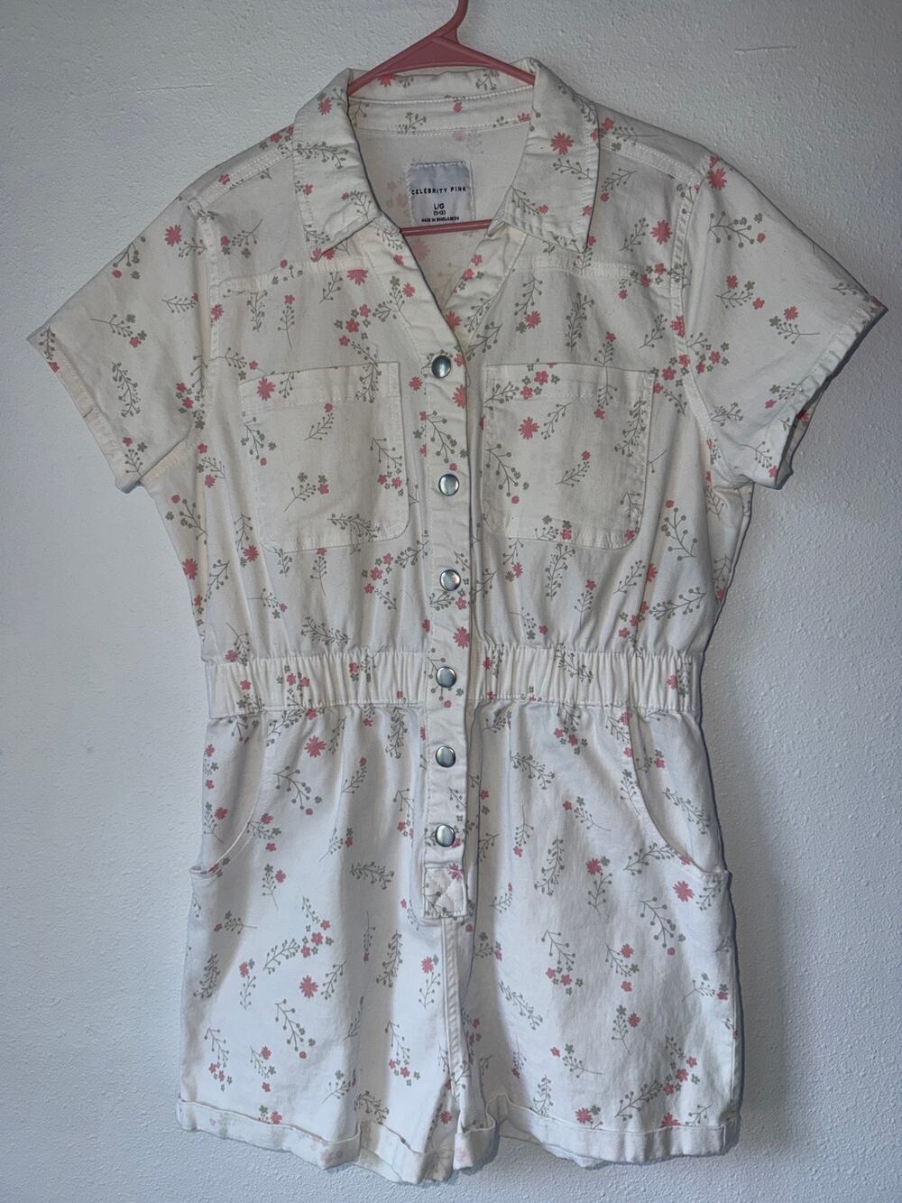 Celebrity Pink White Pink Floral Short Sleeve Denim Romper Large Cottagecore